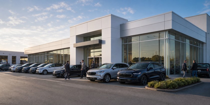 Auto dealership exterior with inventory at morning light