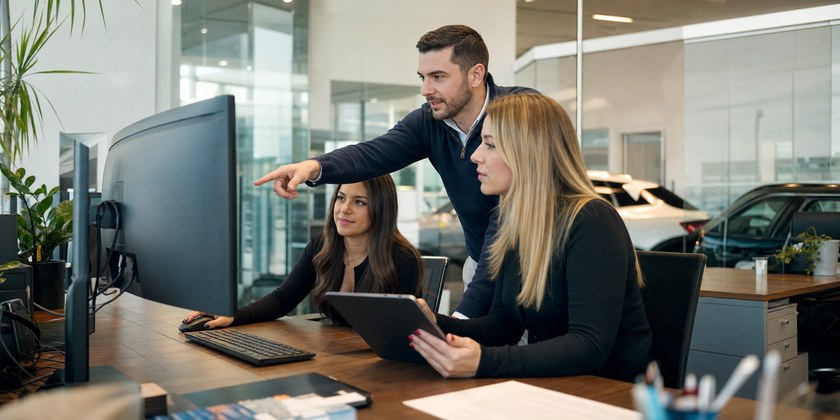 Dealership sales office team reviewing appointments