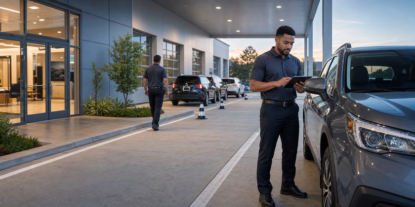 Service advisor preparing a vehicle in the dealership service lane
